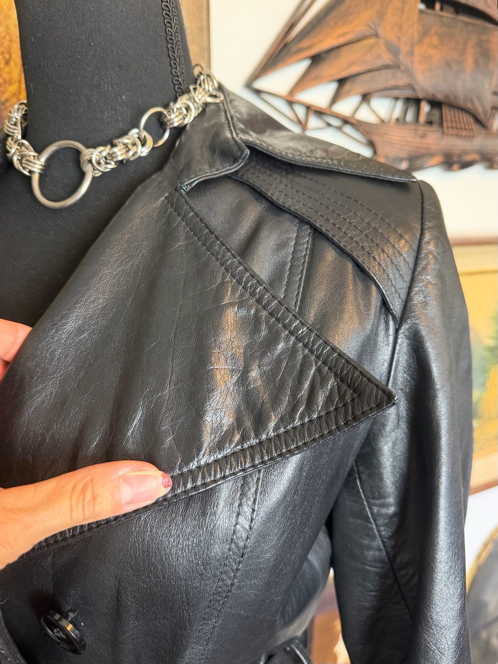 Vintage 1970s-80s Black Leather Belted Trench Coat XS-S - Picture 8 of 15
